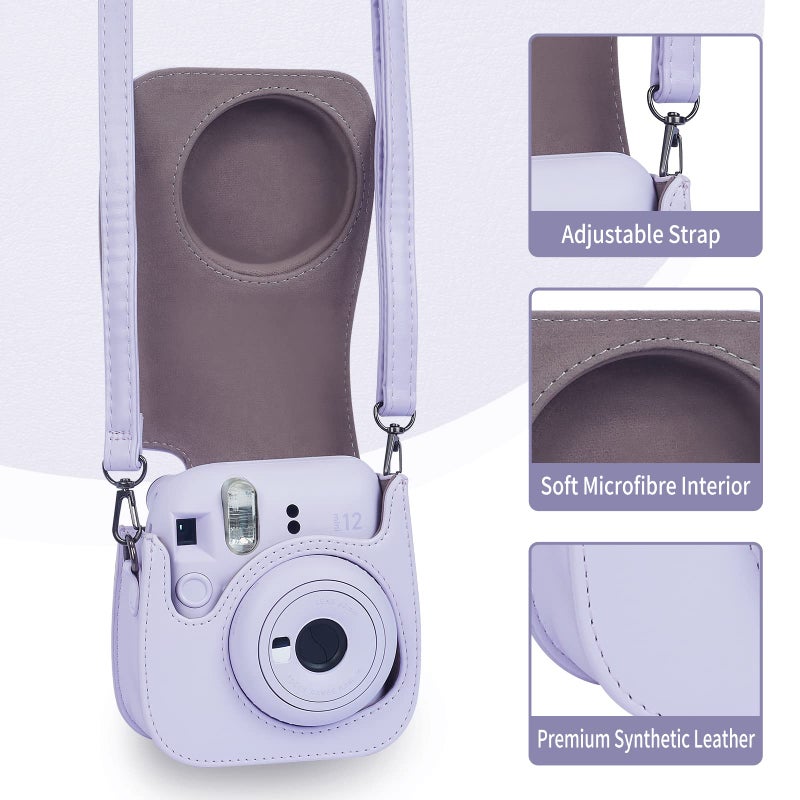 فيتيوم حافظة حماية للكاميرا من Phetium Instant Mini 12 متوافقة مع Instax Mini 12 11 حقيبة جلدية PU مع جيب وحزام كتف قابل للتعديل (أرجواني أرجواني) - Image 3